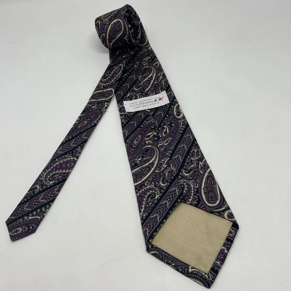 Mens Tie Handmade USA Italy Silk Purple Black Cream Gray 3.5x58